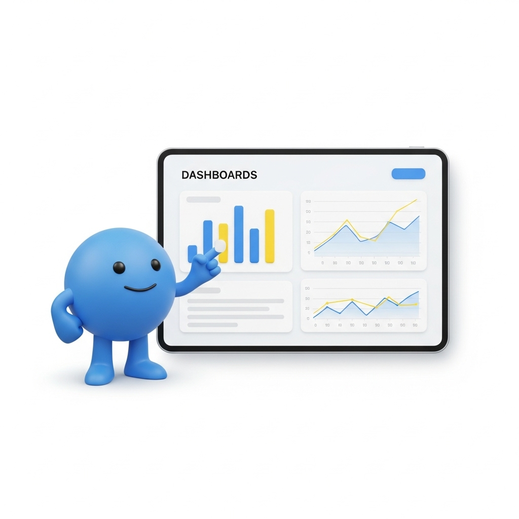 Clean 3D illustration: sleek modern tablet displaying minimalist dashboard UI with blue and yellow bar charts and line graphs; blue mascot points to chart with confident pose. Soft shadows, white #FFFFFF background.