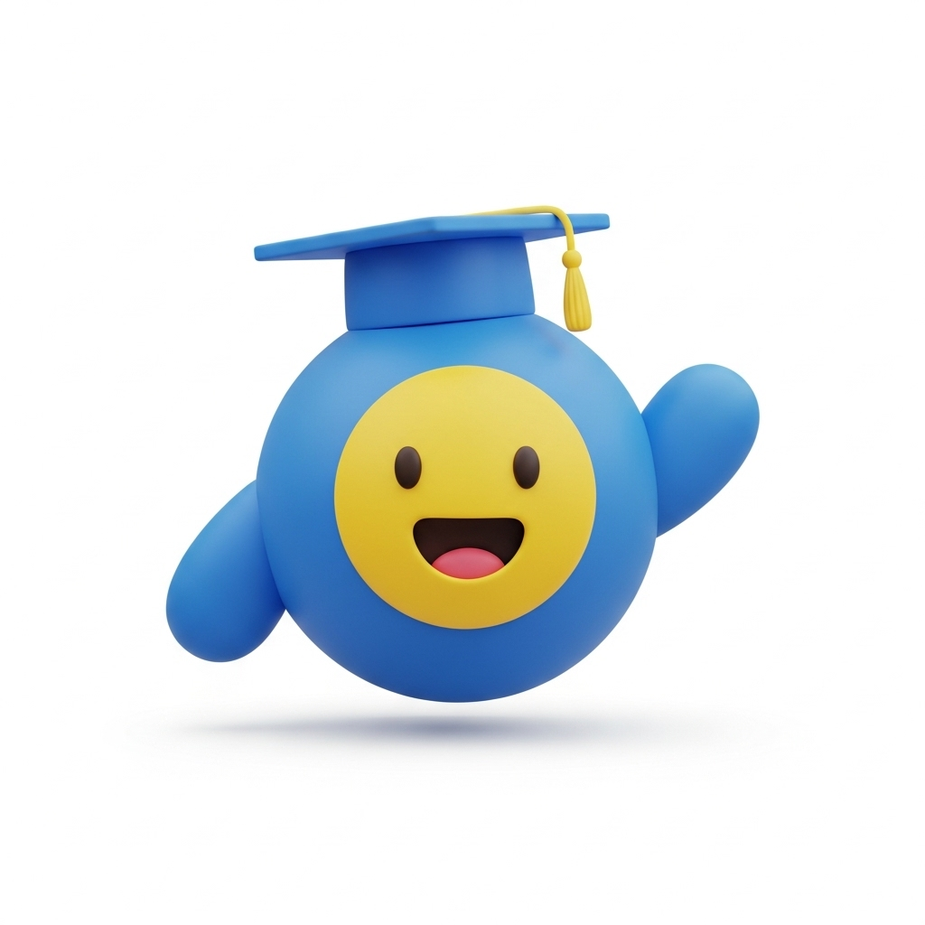 A friendly 3D mascot character, round and blue, with a cheerful yellow face, wearing a blue graduation cap with a yellow tassel, waving happily. Clean, simple rendering with soft diffused shadows and subtle gradients. Background solid white #FFFFFF. Modern, optimistic educational tech brand aesthetic.